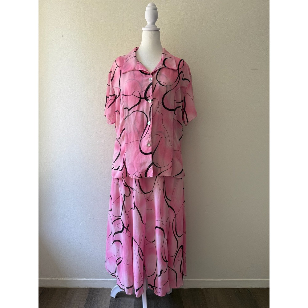 Sharon Max Soft Pink Abstract Swirl Print Midi Dress XL Two-Piece Set Summer USA